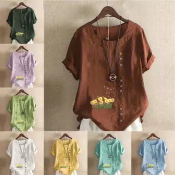 Женская модная футболка с круглым вырезом и коротким рукавом, повседневная хлопковая льняная рубашка с графическим принтом, свободная летняя блузка с цветочным принтом, топы S розовый