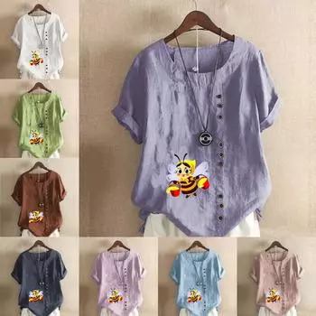 Женская модная футболка с круглым вырезом и коротким рукавом с принтом пчелы, повседневная рубашка из хлопка и льна с рисунком, свободная летняя блузка для отдыха, топы S розовый