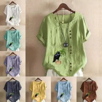 Женская модная футболка с круглым вырезом и коротким рукавом с принтом воронья, повседневная рубашка из хлопка и льна с рисунком, свободная летняя блузка для отдыха, топы S розовый