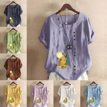 Женская модная футболка с круглым вырезом и коротким рукавом, повседневная рубашка из хлопка и льна с рисунком, свободная летняя блузка с принтом Anthill, топы S розовый