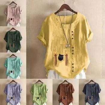 Женская модная футболка с круглым вырезом и коротким рукавом, повседневная хлопково-льняная рубашка с рисунком, свободная летняя блузка с принтом кота для отдыха, топы S розовый