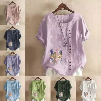 Женская модная футболка с круглым вырезом и коротким рукавом, повседневная хлопковая льняная рубашка с рисунком, свободная летняя блузка с цветочным принтом для отдыха, топы S розовый