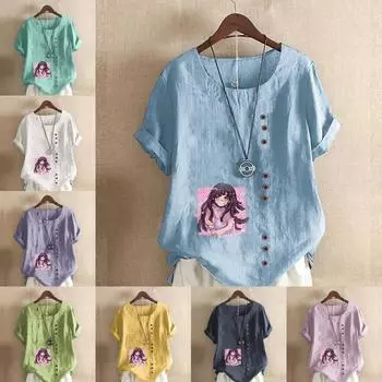 Женская модная футболка с круглым вырезом и коротким рукавом, повседневная хлопковая льняная рубашка с рисунком, свободная розовая летняя блузка с принтом для девочек, топы S розовый