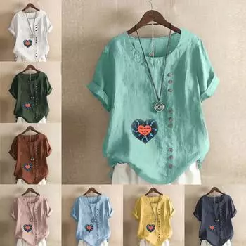 Женская модная футболка с круглым вырезом и коротким рукавом Love Printed, повседневная рубашка из хлопка и льна с рисунком, свободная летняя блузка для отдыха, топы S розовый