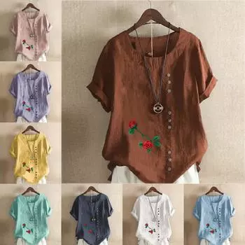 Женская модная футболка с круглым вырезом и коротким рукавом с принтом роз, повседневная рубашка из хлопка и льна с рисунком, свободная летняя блузка для отдыха, топы S розовый