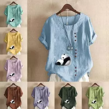 Женская модная футболка с круглым вырезом и коротким рукавом с принтом панды, повседневная рубашка из хлопка и льна с рисунком, свободная летняя блузка для отдыха, топы S розовый