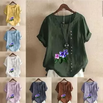 Женская модная футболка с круглым вырезом и коротким рукавом, повседневная хлопково-льняная рубашка с рисунком, летняя блузка с цветочным принтом, топы, большие размеры S розовый