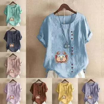 Женская модная футболка с круглым вырезом и коротким рукавом, повседневная рубашка из хлопка и льна с рисунком, свободная летняя блузка с принтом «краб», топы S розовый