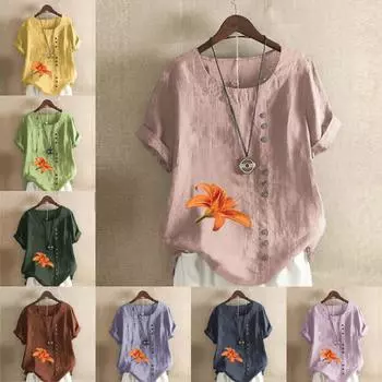 Женская модная футболка с круглым вырезом и коротким рукавом, повседневная рубашка из хлопка и льна с узором, свободная летняя блузка с цветочным принтом, топы S розовый