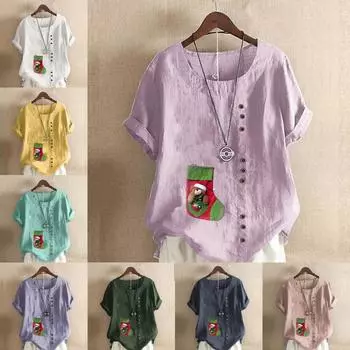 Женская модная футболка с круглым вырезом и коротким рукавом, повседневная рубашка из хлопка и льна с рисунком, летняя блузка с принтом в виде рождественских носков S розовый