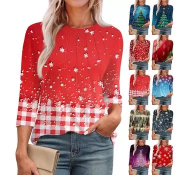 Женская модная футболка с круглым вырезом и рукавом 3/4 с принтом, повседневная, базовая, плиссированная, пуловер XL хаки