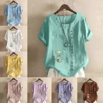 Женская модная футболка с круглым вырезом и коротким рукавом, повседневная хлопково-льняная рубашка с рисунком, летняя блузка с принтом «Зеленая кошка», топы, большие размеры S розовый