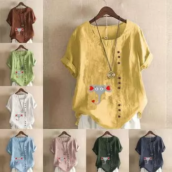 Женская модная футболка с круглым вырезом и коротким рукавом, повседневная рубашка из хлопка и льна с рисунком, свободная летняя блузка с принтом слона, топы S розовый