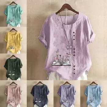 Женская модная футболка с круглым вырезом и короткими рукавами с цветочным принтом, повседневная хлопково-льняная рубашка с рисунком, свободная летняя блузка для отдыха, топы S розовый