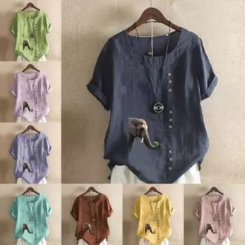 Женская модная футболка с круглым вырезом и коротким рукавом, повседневная рубашка из хлопка и льна с рисунком, свободная летняя блузка с принтом слона, топы S розовый