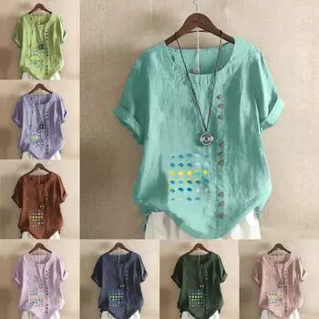 Женская модная футболка с круглым вырезом и коротким рукавом, повседневная рубашка из хлопка и льна с рисунком, свободная летняя блузка с принтом для отдыха и отдыха S розовый