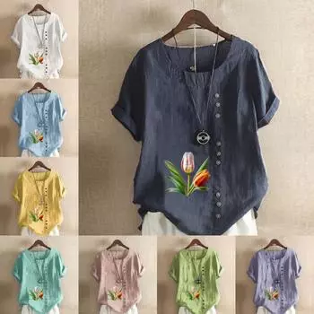 Женская модная футболка с круглым вырезом и коротким рукавом, повседневная рубашка из хлопка и льна с рисунком, свободная летняя блузка с принтом тюльпанов, топы S розовый
