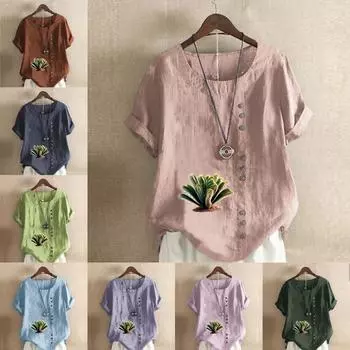 Женская модная футболка с круглым вырезом и коротким рукавом, повседневная рубашка из хлопка и льна с рисунком, свободная летняя блузка с принтом кактуса, топы S розовый