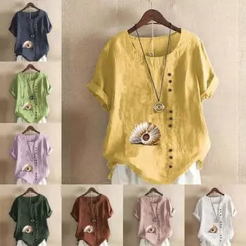 Женская модная футболка с круглым вырезом и коротким рукавом, повседневная хлопковая льняная рубашка с рисунком, летняя блузка с принтом «ракушка», топы больших размеров S розовый