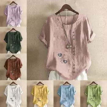 Женская модная футболка с круглым вырезом и коротким рукавом, повседневная хлопковая льняная рубашка с рисунком, свободная летняя блузка с принтом Little Love, топы S розовый