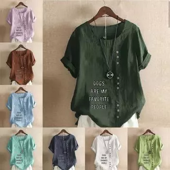 Женская модная футболка с круглым вырезом и коротким рукавом с буквенным принтом, повседневная хлопково-льняная рубашка с рисунком, свободная летняя блузка для отдыха, топы больших размеров S розовый