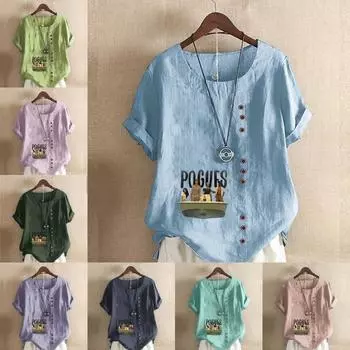 Женская модная футболка с круглым вырезом и коротким рукавом, повседневная хлопковая льняная рубашка с рисунком, свободная летняя блузка с принтом для отдыха, топы S розовый