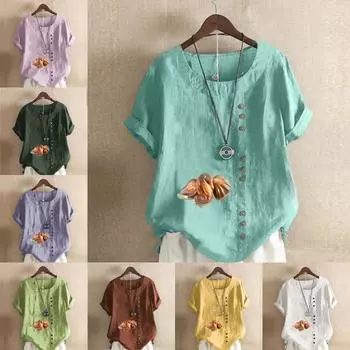 Женская модная футболка с круглым вырезом и коротким рукавом, повседневная рубашка из хлопка и льна с рисунком, свободная летняя блузка с принтом в виде скульптуры морского конька S розовый