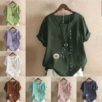 Женская модная футболка с круглым вырезом и коротким рукавом, повседневная хлопковая льняная рубашка с рисунком, свободная летняя блузка с принтом одуванчика для отдыха, топы S розовый