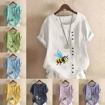 Женская модная футболка с круглым вырезом и коротким рукавом, повседневная рубашка из хлопка и льна с принтом, свободная летняя блузка с принтом медоносной пчелы, топы S розовый