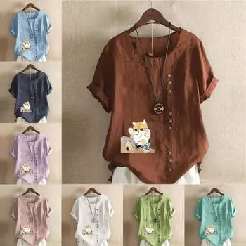 Женская модная футболка с круглым вырезом и коротким рукавом, повседневная хлопково-льняная рубашка с рисунком, свободная летняя блузка с принтом кота для отдыха, топы S розовый