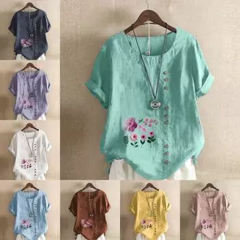 Женская модная футболка с круглым вырезом и коротким рукавом, повседневная хлопковая льняная рубашка с графическим принтом, свободная летняя блузка с цветочным принтом, топы S розовый