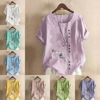 Женская модная футболка с круглым вырезом и короткими рукавами с принтом совы, повседневная хлопково-льняная рубашка с рисунком, свободная летняя блузка для отдыха, топы S розовый