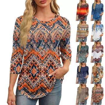 Женская модная футболка с круглым вырезом и рукавом 3/4 с принтом, повседневная, базовая, плиссированная, пуловер S