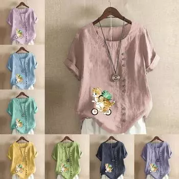 Женская модная футболка с круглым вырезом и короткими рукавами, повседневная хлопково-льняная рубашка с рисунком, летняя блузка с принтом кота для велоспорта, топы больших размеров S розовый