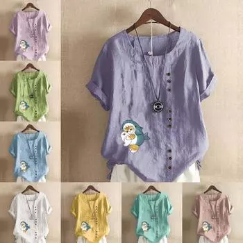 Женская модная футболка с круглым вырезом и коротким рукавом, повседневная хлопковая льняная рубашка с рисунком, свободная летняя блузка с принтом Love Shark Cat, топы S розовый