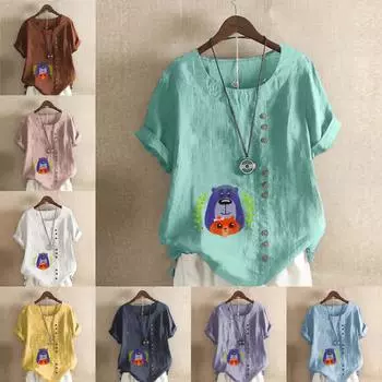 Женская модная футболка с круглым вырезом и коротким рукавом, повседневная рубашка из хлопка и льна с рисунком, свободная летняя блузка с принтом медведя, топы S розовый