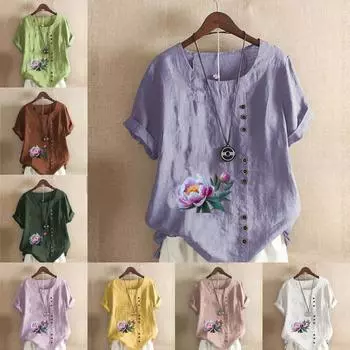 Женская модная футболка с круглым вырезом и коротким рукавом с принтом лотоса, повседневная рубашка из хлопка и льна с рисунком, свободная летняя блузка для отдыха, топы S розовый