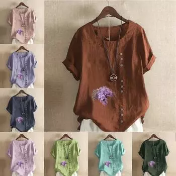 Женская модная футболка с круглым вырезом и коротким рукавом, повседневная хлопково-льняная рубашка с рисунком, свободная летняя блузка с лавандовым принтом для отдыха, топы S розовый