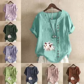 Женская модная футболка с круглым вырезом и коротким рукавом, повседневная хлопковая льняная рубашка с рисунком, летняя блузка с принтом в виде ракушки, топы S розовый