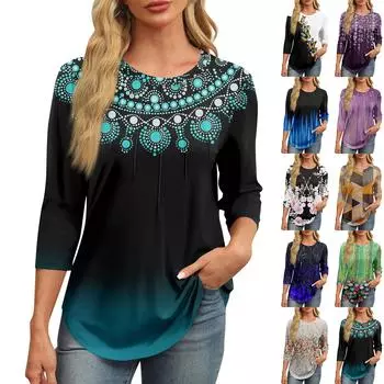 Женская модная футболка с круглым вырезом и рукавом 3/4 с принтом, повседневная, базовая, плиссированная, пуловер L чёрный