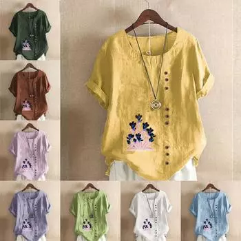 Женская модная футболка с круглым вырезом и коротким рукавом, повседневная рубашка из хлопка и льна с рисунком, свободная летняя блузка с синим цветочным принтом, топы S розовый