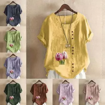 Женская модная футболка с круглым вырезом и короткими рукавами с принтом тюльпанов, повседневная хлопково-льняная рубашка с рисунком, свободная летняя блузка для отдыха, топы S розовый