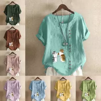 Женская модная футболка с круглым вырезом и коротким рукавом, повседневная рубашка из хлопка и льна с рисунком, свободная летняя блузка с принтом кота, топы S розовый