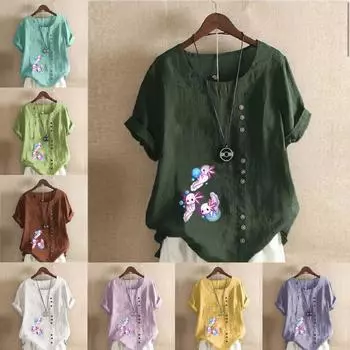 Женская модная футболка с круглым вырезом и короткими рукавами с принтом морских коньков, повседневная хлопково-льняная рубашка с рисунком, свободная летняя блузка для отдыха, топы S розовый