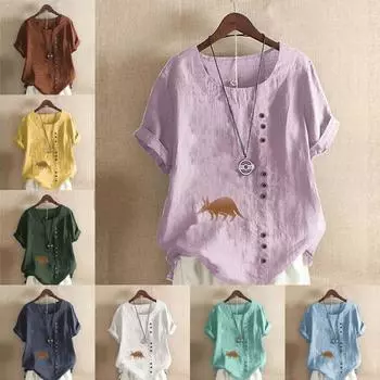 Женская модная футболка с круглым вырезом и коротким рукавом, повседневная рубашка из хлопка и льна с рисунком, свободная летняя блузка с принтом кенгуру, топы S розовый