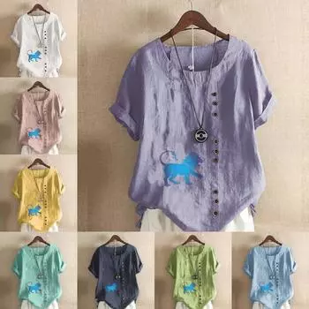 Женская модная футболка с круглым вырезом и коротким рукавом, повседневная рубашка из хлопка и льна с рисунком, свободная летняя блузка с принтом льва, топы S розовый