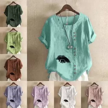 Женская модная футболка с круглым вырезом и коротким рукавом, повседневная рубашка из хлопка и льна с рисунком, свободная летняя блузка с принтом льва, топы S розовый