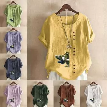 Женская модная футболка с круглым вырезом и коротким рукавом, повседневная рубашка из хлопка и льна с рисунком, свободная летняя блузка с принтом в виде деревьев, топы S розовый