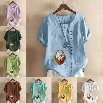 Женская модная футболка с круглым вырезом и коротким рукавом, повседневная рубашка из хлопка и льна с рисунком, свободная летняя блузка с принтом кролика, топы S розовый