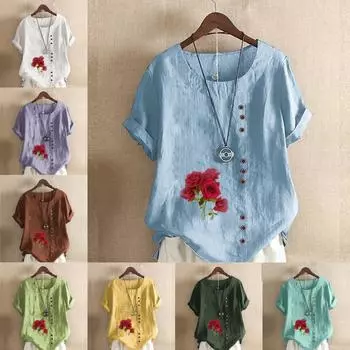 Женская модная футболка с круглым вырезом и коротким рукавом, повседневная хлопковая льняная рубашка с графическим принтом, свободная летняя блузка с цветочным принтом, топы S розовый